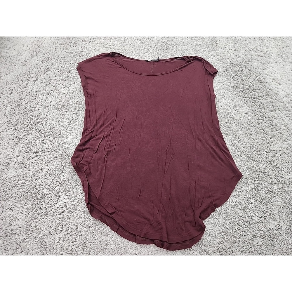 BLK DNM Shirt Womens L Burgundy Cap Sleeve Sheer Curved Hem Relaxed Flowy